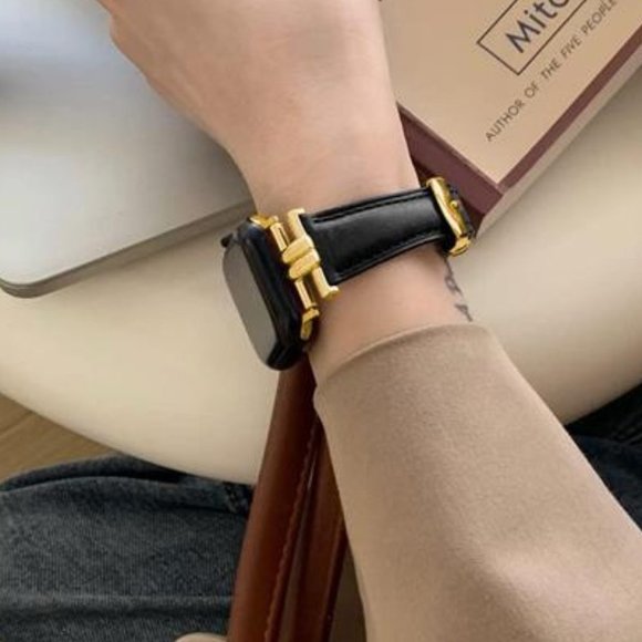 NEW Black/Gold Leather Apple Watch Band main image 4